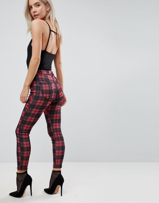 ASOS DESIGN Petite Rivington high waisted denim jeggings in tartan