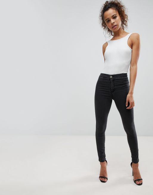 ASOS DESIGN Petite Rivington high waisted denim jeggings in black coated