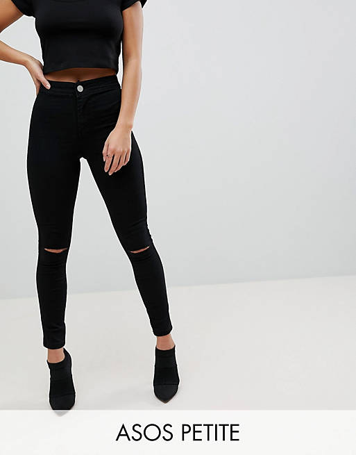 ASOS DESIGN Petite - Rivington - Jegging taille haute en jean à genoux déchirés - Noir