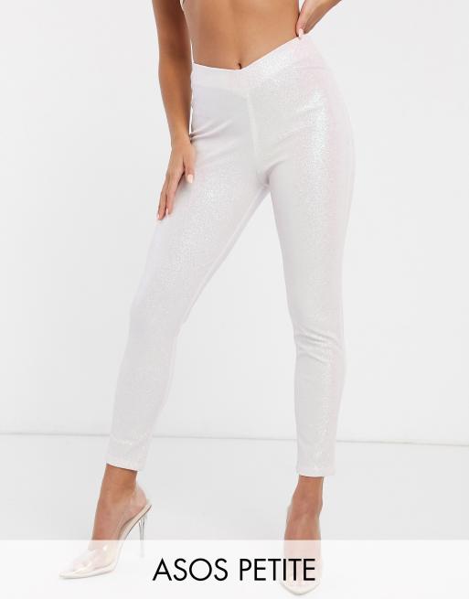 ASOS DESIGN Petite Rivington - Jeggings a vita alta con parte anteriore a V rosa pallido con glitter