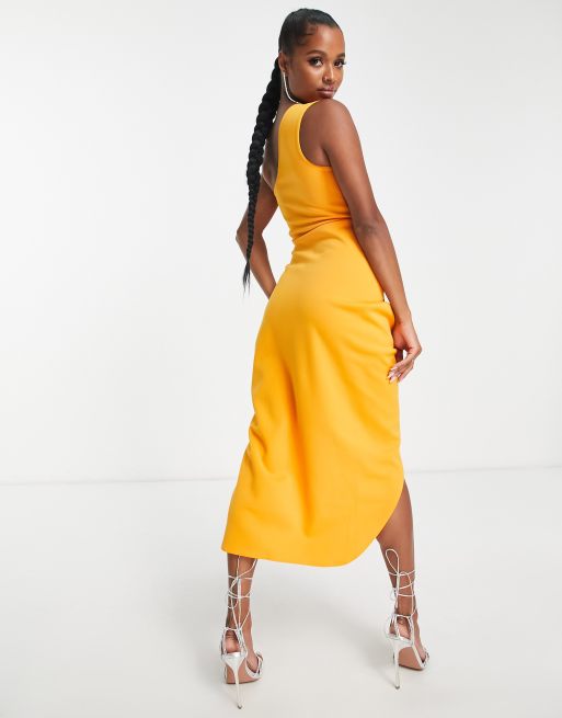 ASOS DESIGN Petite Robe asym trique mi longue coupe portefeuille avec jupe pliss e Jaune coucher de soleil