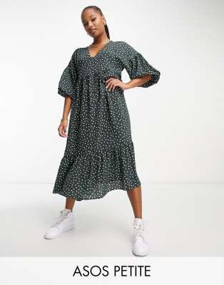 ASOS DESIGN Petite - Robe babydoll mi-longue motif pois à enfiler - Vert bouteille | ASOS