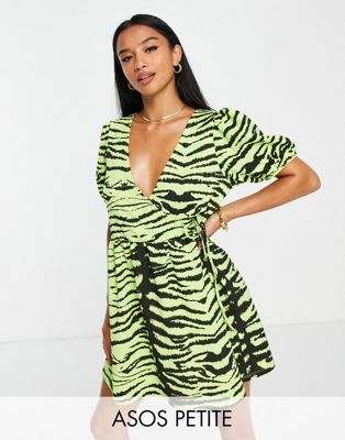 ASOS DESIGN Petite short sleeve smock wrap dress in lime zebra animal  - ASOS Price Checker