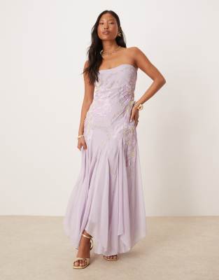 ASOS DESIGN Petite - Robe bandeau longue ornée de fleurs - Lavande-Violet