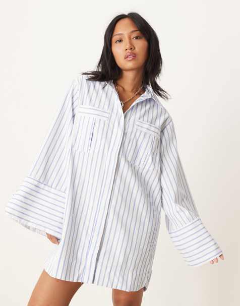 ASOS DESIGN Petite - Robe chemise courte et rayée avec poches oversize et poignets larges - Bleu - view 1