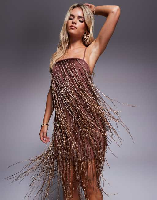 ASOS DESIGN Petite - Robe courte à bretelles fines avec franges ornées de perles - Chocolat, 3 de 4