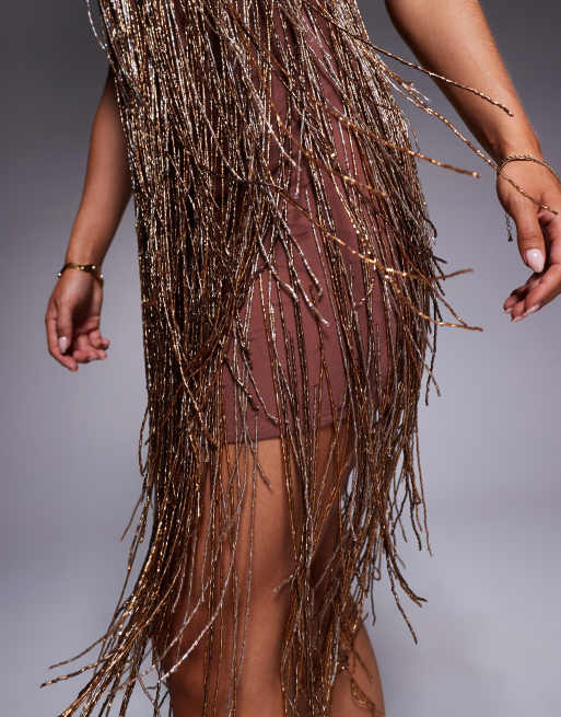 ASOS DESIGN Petite - Robe courte à bretelles fines avec franges ornées de perles - Chocolat, 4 de 4