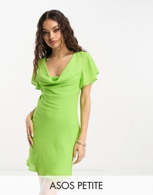 ASOS DESIGN Petite flutter sleeve cowl neck mini dress in green - ASOS Price Checker