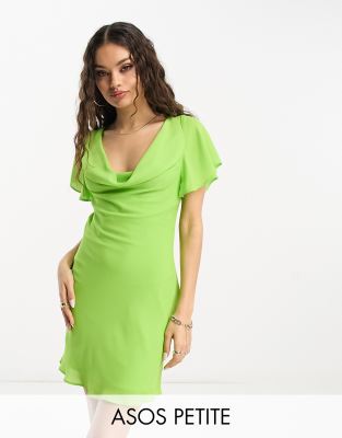 ASOS DESIGN Petite flutter sleeve cowl neck mini dress in green - ASOS Price Checker