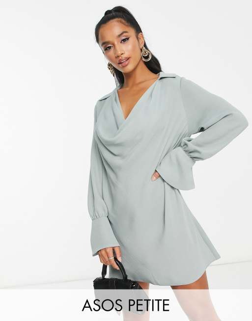 ASOS DESIGN Petite - Robe courte à manches longues et col bénitier - Bleu œuf de canard