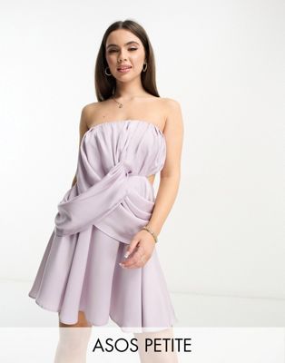 ASOS DESIGN Petite satin bandeau drape twist mini dress with cut out detail in lilac - ASOS Price Checker