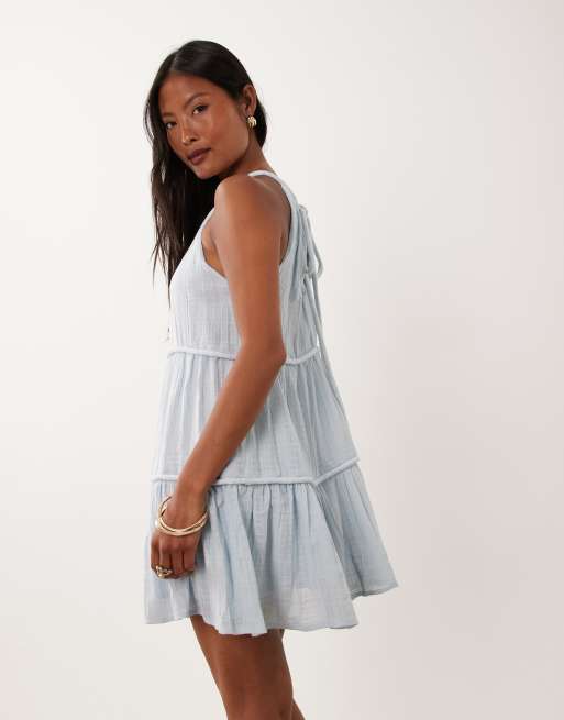 ASOS DESIGN Petite - Robe courte dos nu à volants étagés et larges bordures - Bleu pâle, 4 de 4