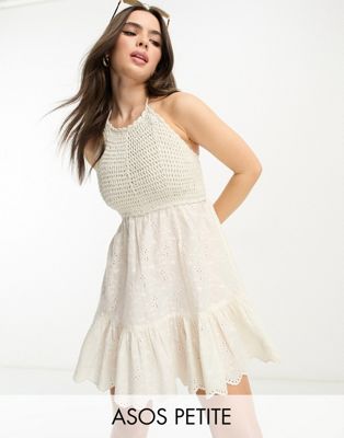 ASOS DESIGN Petite crochet halter mini dress with broderie in cream  - ASOS Price Checker