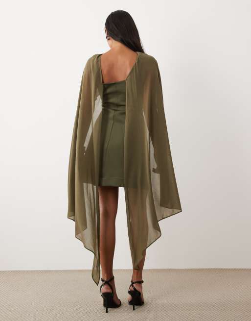 ASOS DESIGN Petite - Robe courte en imitation néoprène à épaules effet cape transparentes - Kaki, 2 de 4