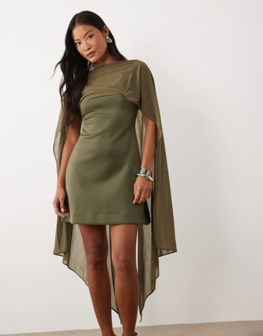 ASOS DESIGN Petite - Robe courte en imitation néoprène à épaules effet cape transparentes - Kaki, 3 de 4