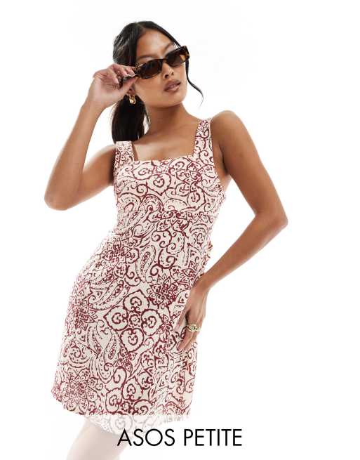 ASOS DESIGN Petite - Robe courte en lin à imprimé cachemire avec encolure carrée et liens à nouer au dos