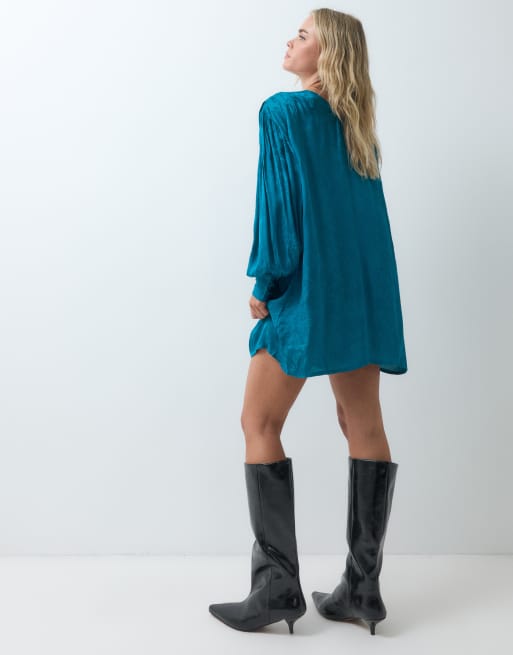 ASOS DESIGN Petite robe courte jacquard ras de cou à manche bouffante en bleu sarcelle, 5 de 5
