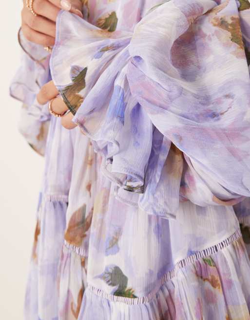 ASOS DESIGN Petite - Robe courte volantée et drapée à épaules dénudées et empiècements en dentelle - Imprimé abstrait flouté , 3 de 4