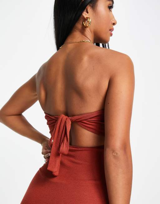 ASOS DESIGN Petite - Robe de plage côtelée longueur mollet à encolure bandeau multipositions - Rouille, 3 de 4