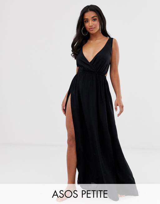 ASOS DESIGN PETITE Robe de plage longue fendue avec devant crois et dos nou Noir