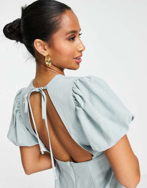 ASOS DESIGN Petite Robe droite courte en lin manches bouffantes Sauge