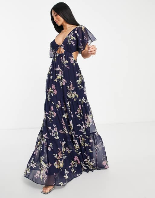 ASOS DESIGN Petite Robe fluide longue a imprime avec volants et lien noue sur le devant