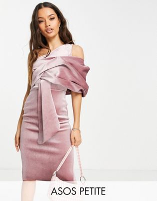 ASOS DESIGN Petite velvet peekaboo shoulder tuck midi pencil dress in rose pink - ASOS Price Checker