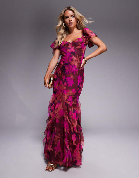 ASOS DESIGN Petite - Robe longue à manches évasées et godets volantés - Rose vif fleuri - view 1