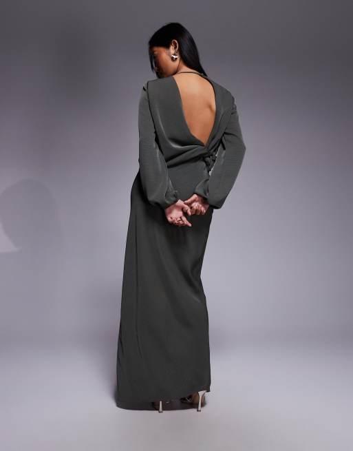 ASOS DESIGN Petite - Robe longue à manches longues avec dos ouvert effet torsadé à la taille - Kaki, 3 de 4