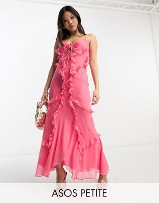 ASOS DESIGN Petite halter ruffle maxi dress with cut out detail in pink - ASOS Price Checker