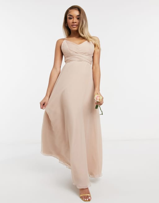 ASOS DESIGN Petite Robe longue caraco a corsage fronce nouee a la taille pour demoiselle d honneur Rose poudre