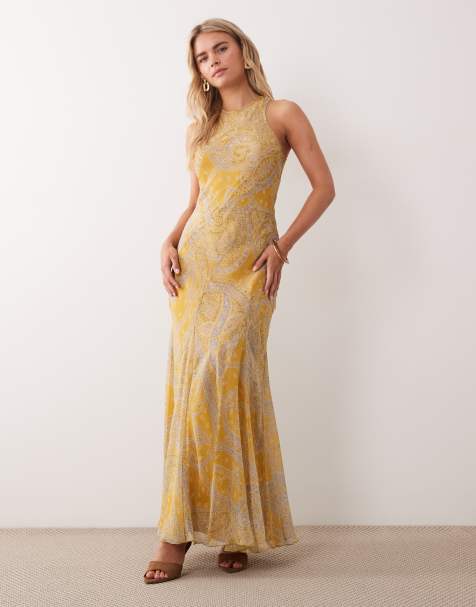 ASOS DESIGN Petite - Robe longue coupée en biais à encolure nageur et ourlet à godets avec motif cachemire - view 1