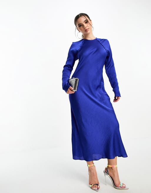 ASOS DESIGN Petite Robe longue coup e en biais en satin avec boutons Bleu de cobalt