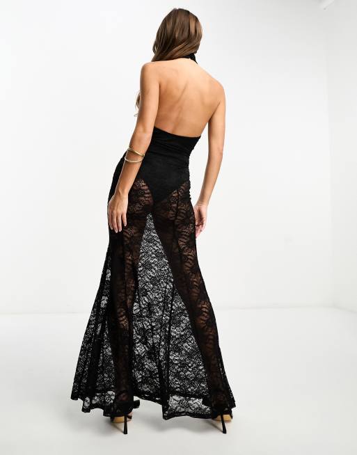 ASOS DESIGN Petite - Robe longue dos nu en dentelle à empiècements transparents - Noir, 2 de 4
