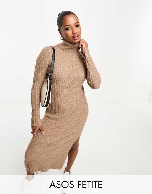 ASOS DESIGN Petite Robe longue en maille col montant et fente sur le c t Camel