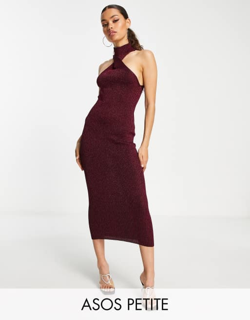 ASOS DESIGN Petite - Robe longue en maille métallisée effet torsadé devant - Rose