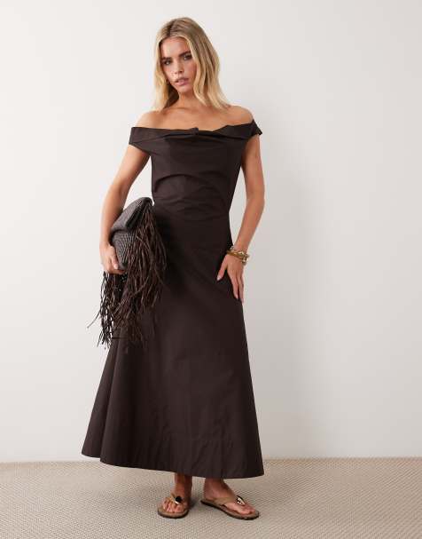 ASOS DESIGN Petite - Robe longue en popeline épaisse à encolure drapée - Chocolat - view 1