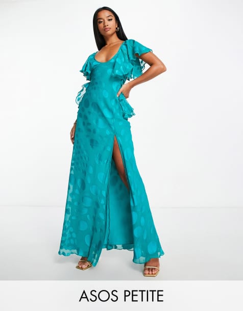 ASOS DESIGN Petite - Robe longue en satin à pois avec manches évasées et dos nu - Aigue-marine profond - view 1