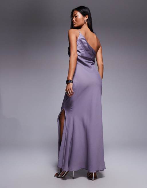 ASOS DESIGN Petite - Robe longue et asymétrique en mousseline et satin drapé - Lilas, 4 de 4