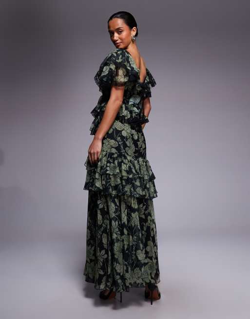 ASOS DESIGN Petite - Robe longue évasée volantée à imprimé floral avec bords en dentelle et dos ouvert - Vert, 2 de 4