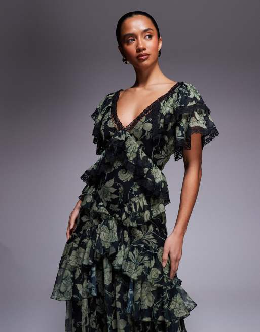 ASOS DESIGN Petite - Robe longue évasée volantée à imprimé floral avec bords en dentelle et dos ouvert - Vert, 4 de 4