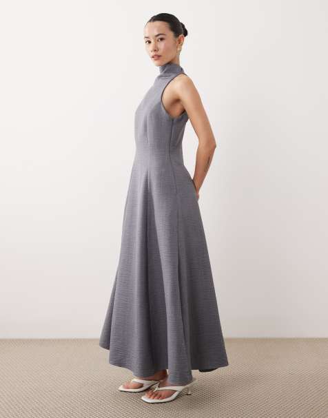 ASOS DESIGN Petite - Robe longue fluide sans manches aspect lin à col montant - Bleu jean - view 1