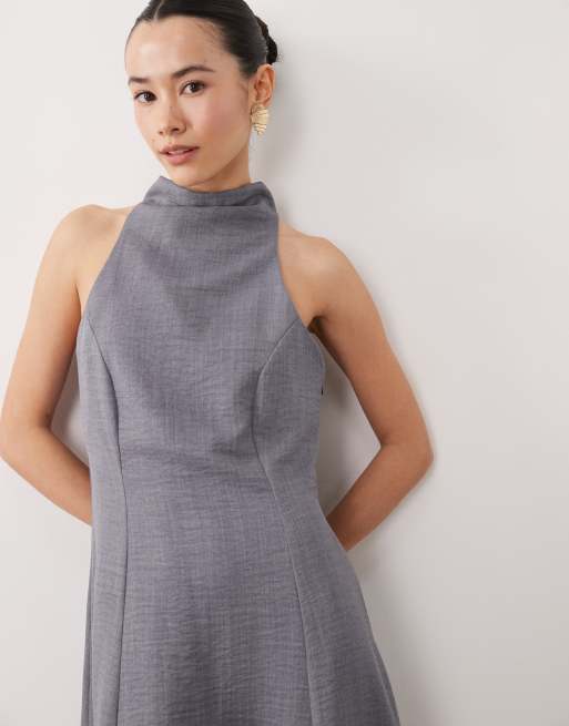 ASOS DESIGN Petite - Robe longue fluide sans manches aspect lin à col montant - Bleu jean, 2 de 4