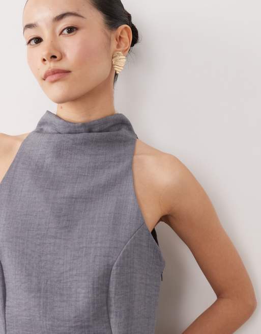 ASOS DESIGN Petite - Robe longue fluide sans manches aspect lin à col montant - Bleu jean, 3 de 4