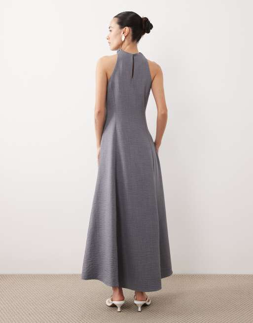 ASOS DESIGN Petite - Robe longue fluide sans manches aspect lin à col montant - Bleu jean, 4 de 4