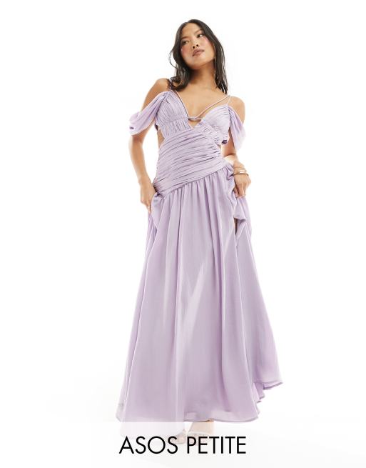 ASOS DESIGN Petite - Robe longue froncée à découpe et épaules tombantes - Lilas