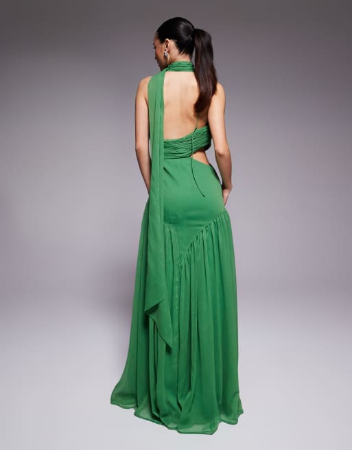 ASOS DESIGN Petite - Robe longue froncée dos nu à jupe évasée - Vert, 3 de 4