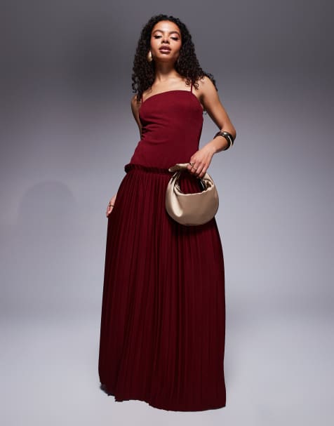 ASOS DESIGN Petite - Robe longue plissée à encolure carrée et taille basse - Lie-de-vin - view 1