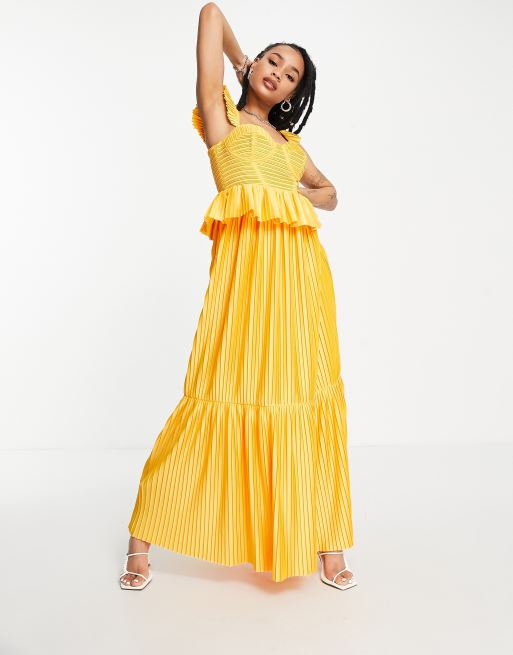 ASOS DESIGN Petite - Robe longue plissée à volants avec détail corset - Jaune souci, 4 de 4