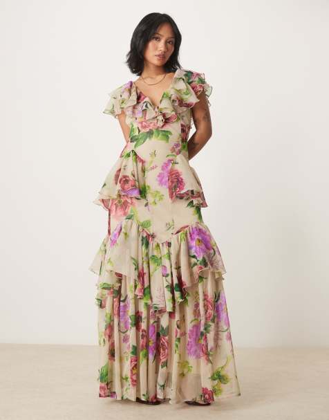 ASOS DESIGN Petite - Robe longueur mollet à volants étagés, décolleté plongeant et manches évasées - Lilas fleuri - view 1